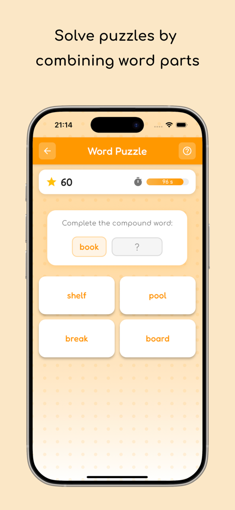 Uma tela de celular exibindo um jogo de puzzle de palavras onde o usuário completa a palavra composta que começa com book