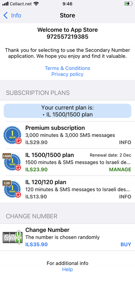 Secnum - Planes de suscripción para un número secundario israelí en la aplicación Secnum