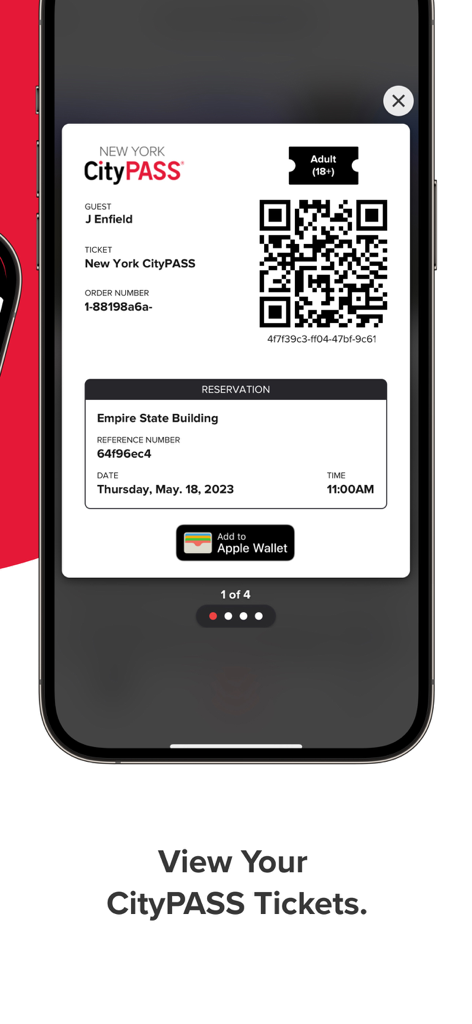 The My CityPASS app interface displaying a digital ticket with a QR code and Empire State Building reservation