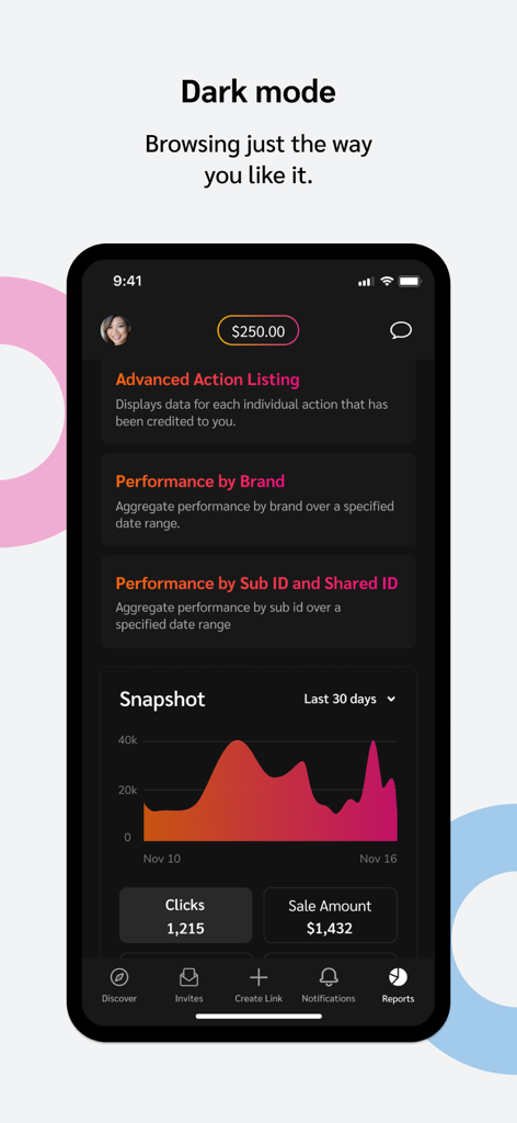 Tableau de bord de l'application Impact.com en mode sombre montrant les rapports de performance marketing d'affiliation et les données de vente.