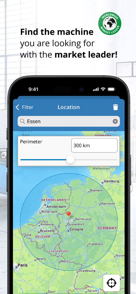 Machineseeker - Machineseeker app screen showing a location search with a 300 kilometer perimeter radius on a map of Europe.