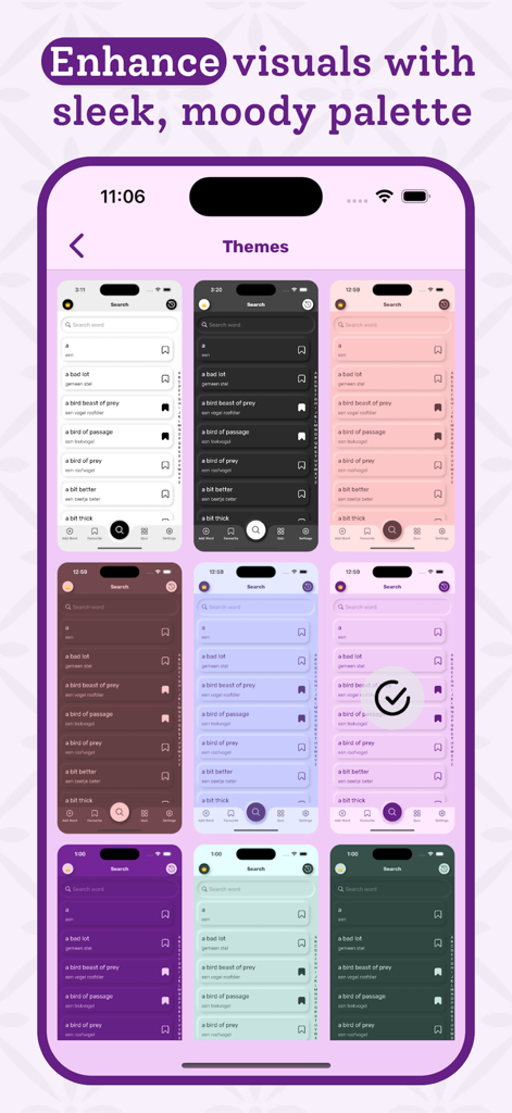 Dutch | Dutch Dictionary - A collection of various color themes and UI customization options available in the Dutch Dictionary mobile app.