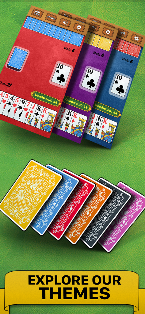 Gin Rummy Card Game Classic - La aplicación Gin Rummy muestra múltiples temas de tablero de juego coloridos y diseños decorativos de reversos de cartas