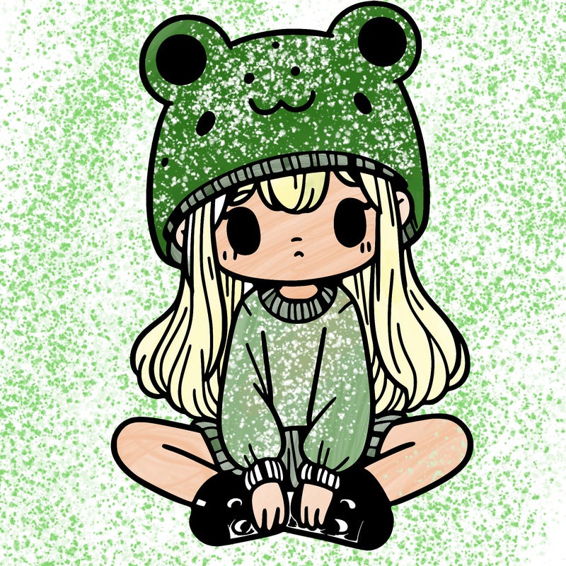 a girl wearing a frog hat and some frog socks