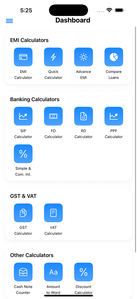 Loan Calc: Easy EMI Calculator - Dashboard of the Loan Calc app displaying various financial calculators for EMI, banking, and GST.