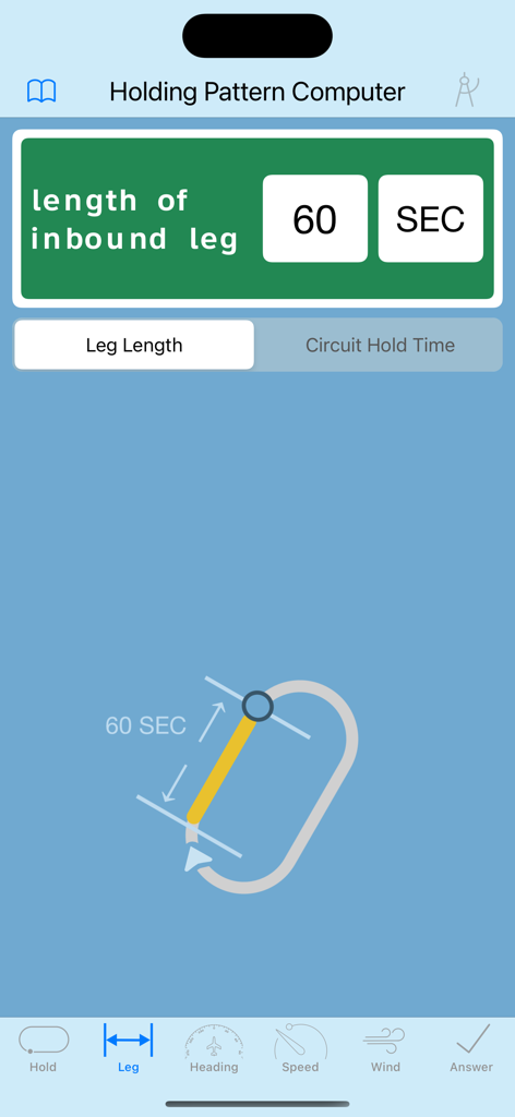 Input screen for defining the inbound leg length in seconds for a pilot holding pattern