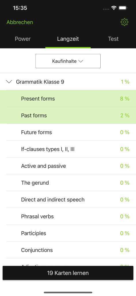 BRAINYOO Flash Cards Learning - Tela do aplicativo BRAINYOO exibindo o progresso de estudo para diferentes tópicos de gramática no modo de aprendizado de longo prazo