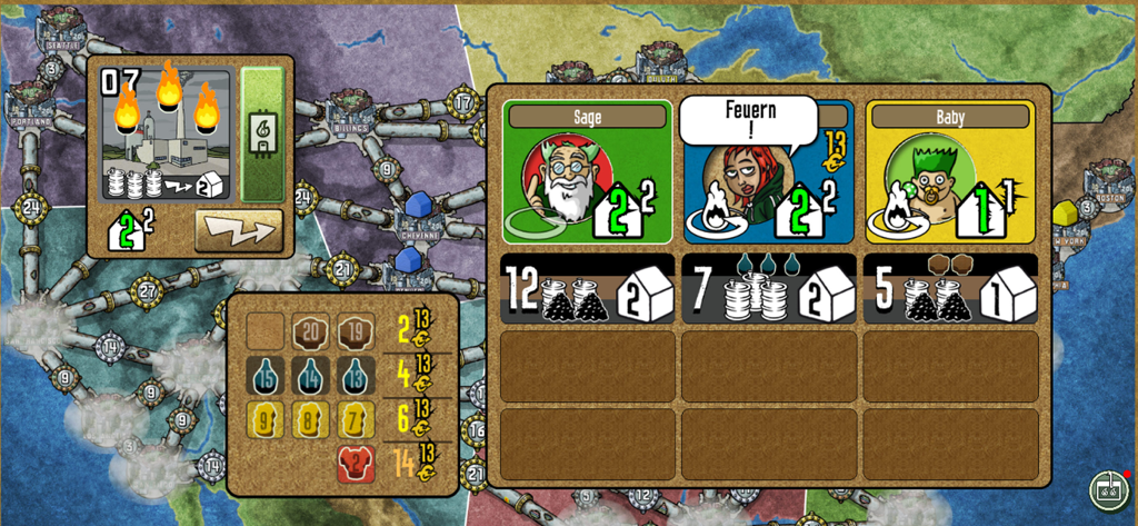 Gameplay interface of Power Grid Boardgame showing player stats resource market and power plants on a map