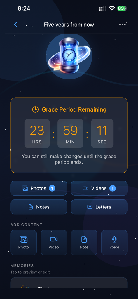 Keepsake Time Capsule - Interface of Keepsake Time Capsule app showing a countdown timer for a digital time capsule and options to add memories