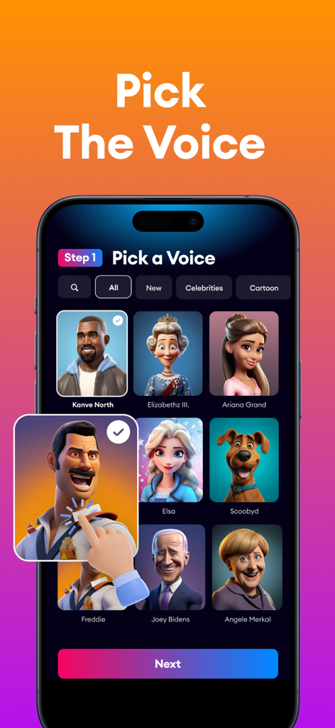 Music AI Cover: Banger & Songs - Interface do aplicativo móvel Music AI Cover mostrando uma grade de vozes de celebridades e personagens de desenho animado para seleção.