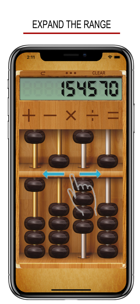 Abacus - Dancing Fingers ! - Pantalla de smartphone que muestra la interfaz de un ábaco digital de madera con la instrucción Ampliar el Rango y un gesto manual de deslizamiento