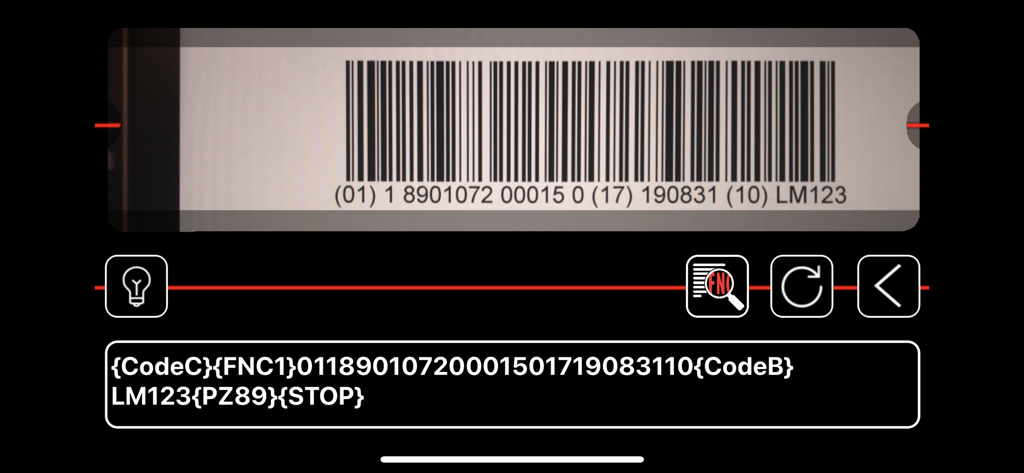 Interfaccia dell'app Controllo Codici a Barre che scansiona e decodifica un codice a barre GS1-128 per la validazione logistica professionale