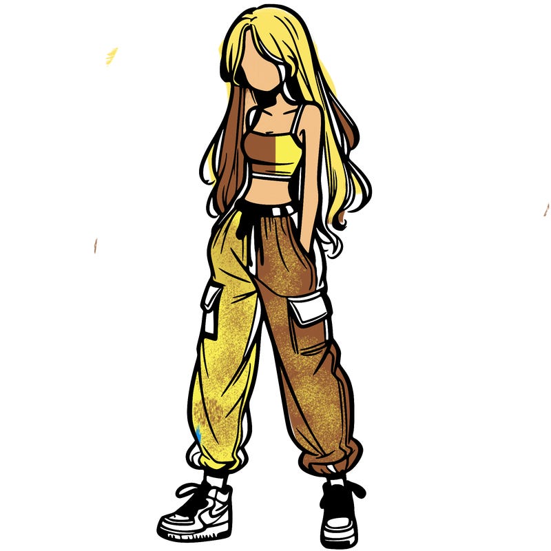 girl in baggy pants crop top and long hair