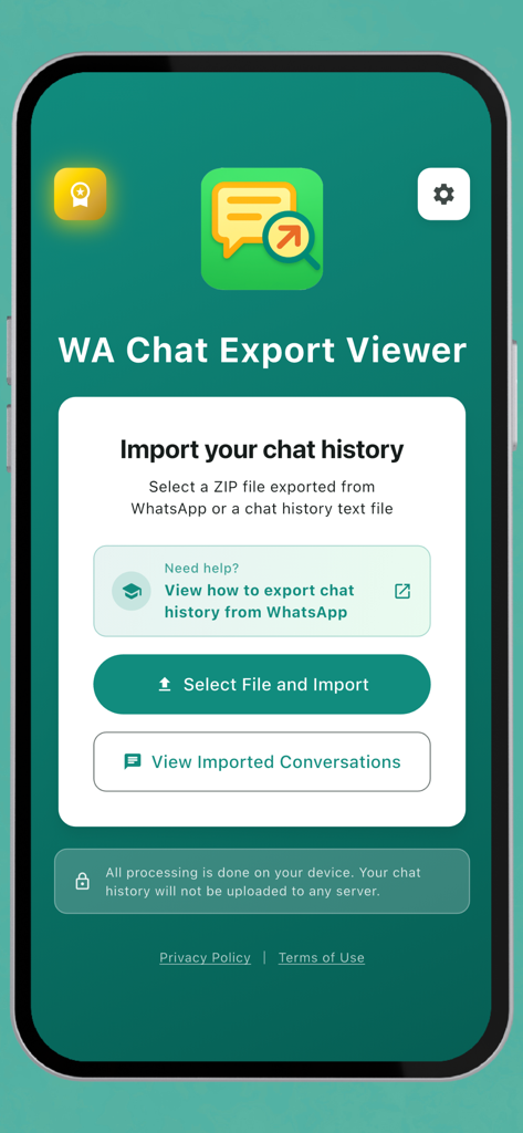 WA Chat Export Viewer Startbildschirm zeigt Optionen zum Importieren und Anzeigen von WhatsApp Chatverlaufsdateien