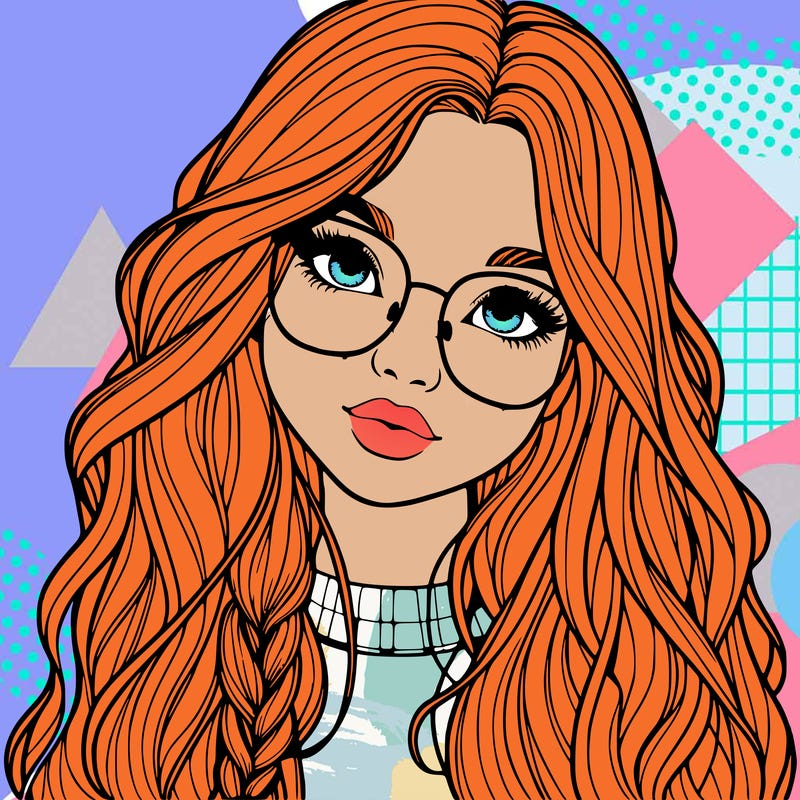 girl with long hair and freckles and glasses realistic