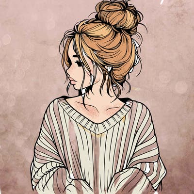 realistic girl wearing a messy bun and an oversized sweater