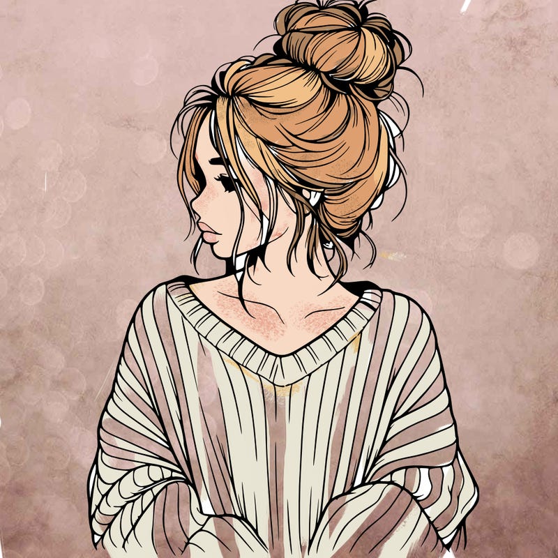 realistic girl wearing a messy bun and an oversized sweater