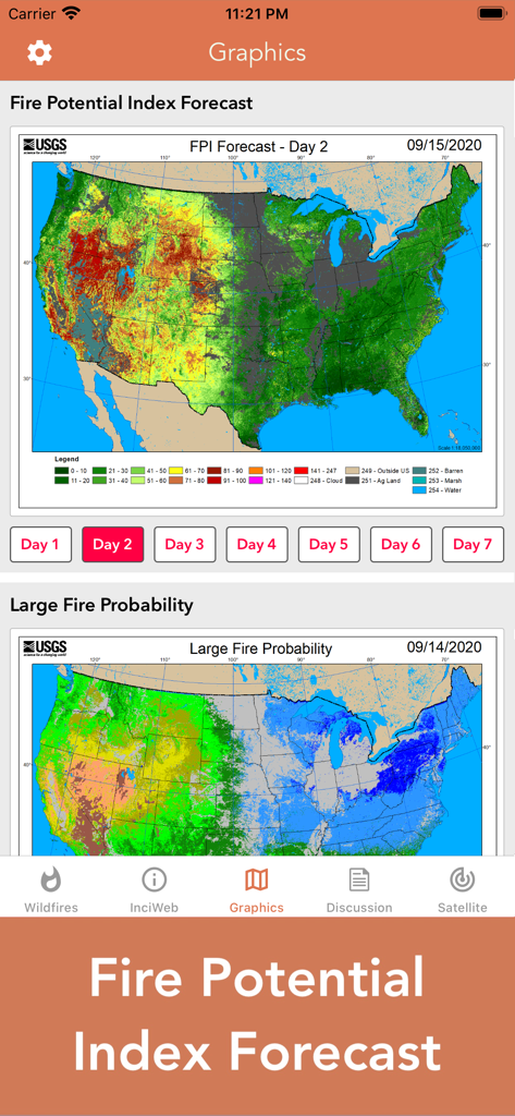 Wildfire 앱의 산불 발생 가능성 지수 예측 및 대형 산불 발생 확률 지도.