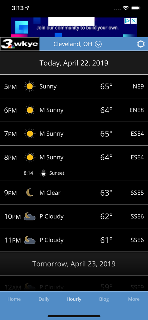 Hourly weather forecast for Cleveland Ohio on the WKYC Weather mobile app