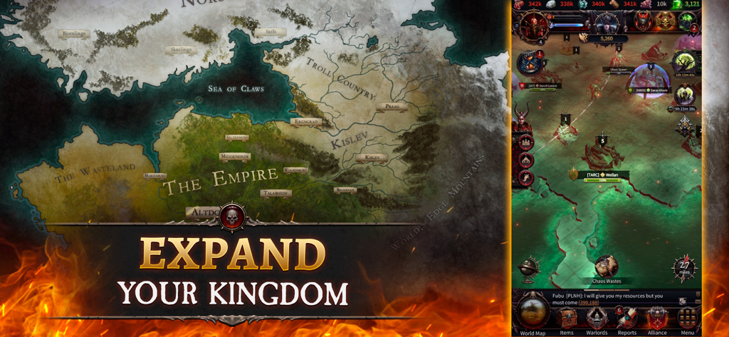 Warhammer: Chaos & Conquest - A strategic world map and mobile gameplay interface from Warhammer Chaos and Conquest showing regions of the Old World and the Chaos Wastes