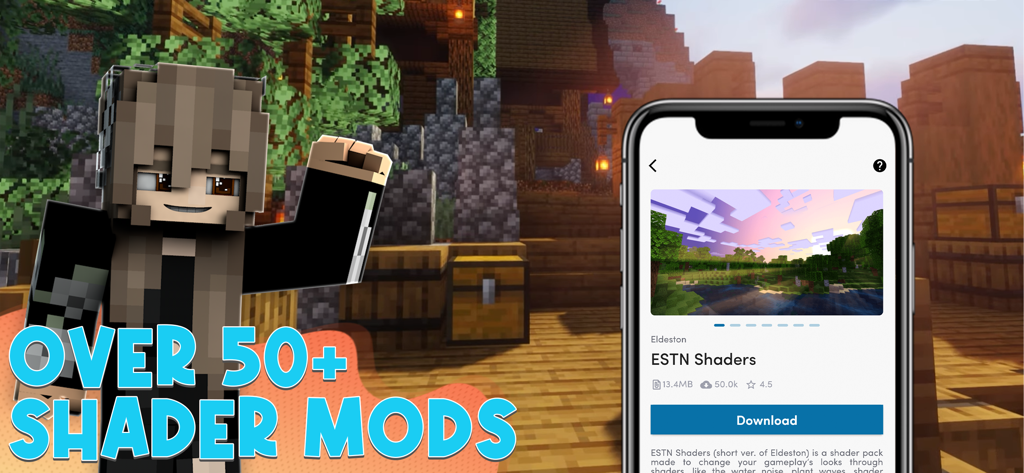 Minecraft character cheering next to a phone displaying the Shader Mods app interface for realistic graphics