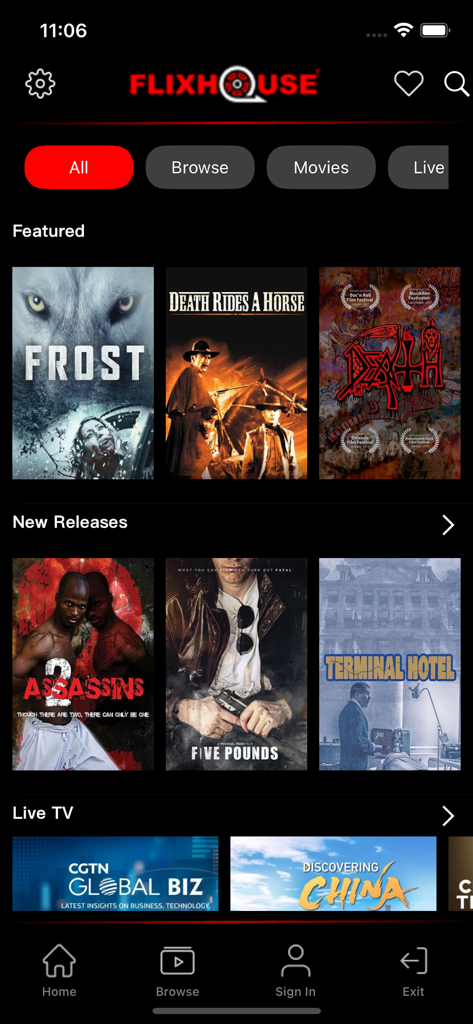 FlixHouse - FlixHouse app home screen displaying independent films and live TV categories