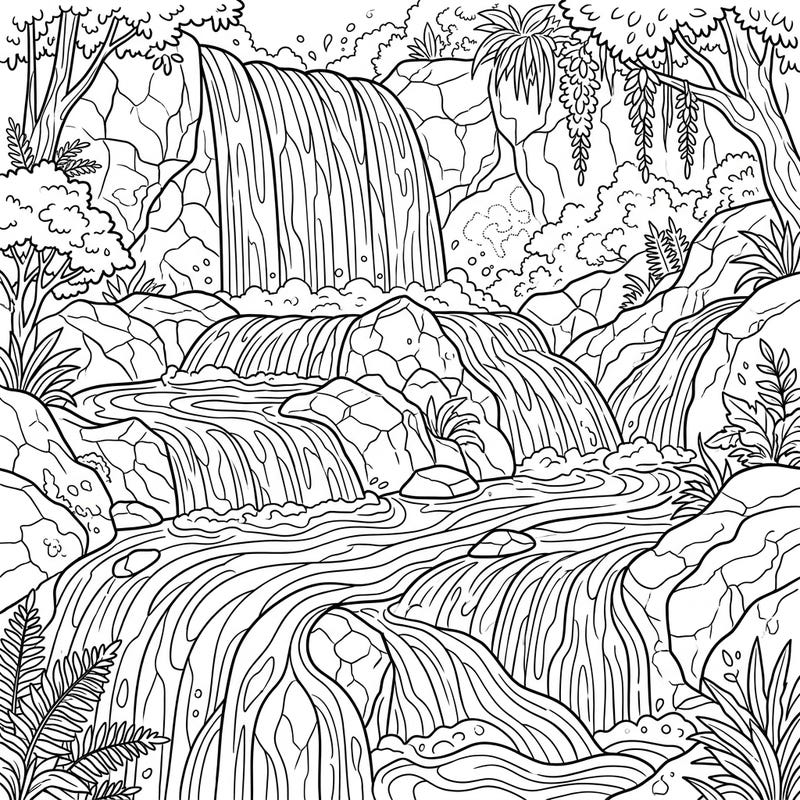 Immerse yourself in the breathtaking beauty of a segmented waterfall, ready for your artistic touch. This intricate design features multiple cascades flowing over detailed rock formations amidst lush natural surroundings.