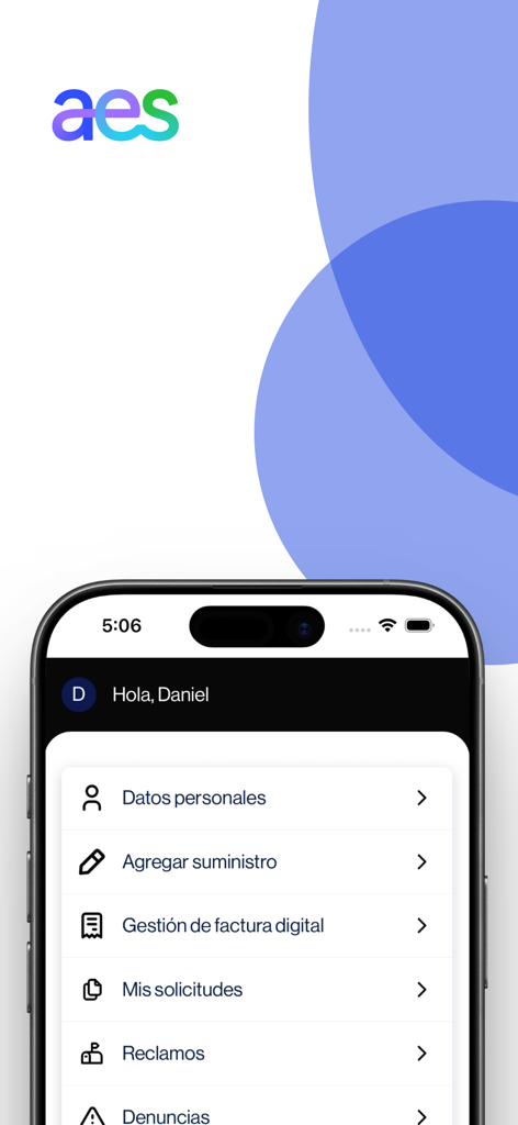 Panel de control de la aplicación AES Movil que muestra el menú de gestión de servicios públicos
