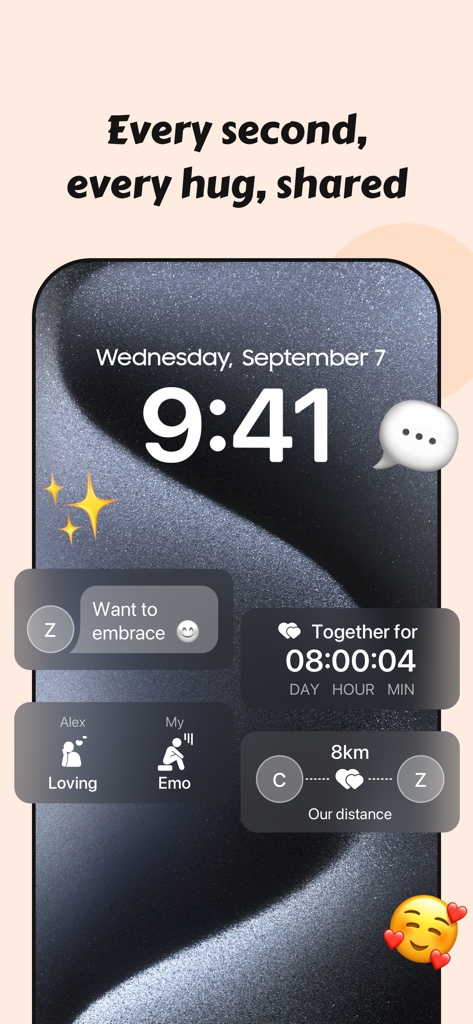 Couple360 app lock screen showing relationship widgets like distance tracker and days counter