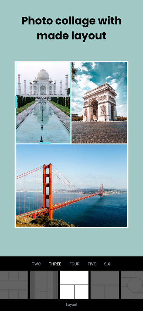 PicPro - AI Photo Editor - Interface of PicPro app showing a three-image collage of travel landmarks with selectable grid layouts.