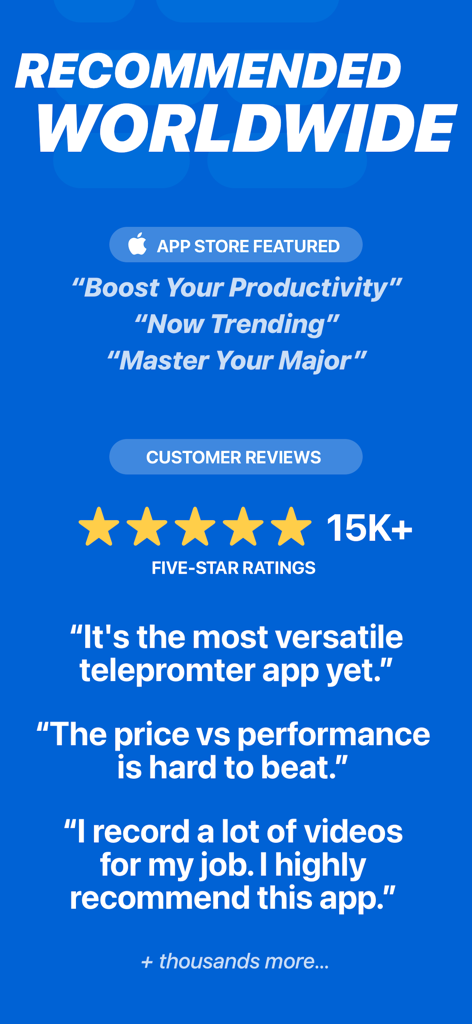 Teleprompter Pro - Promotional screen for Teleprompter Pro showcasing 5-star ratings, customer reviews, and App Store featured status.