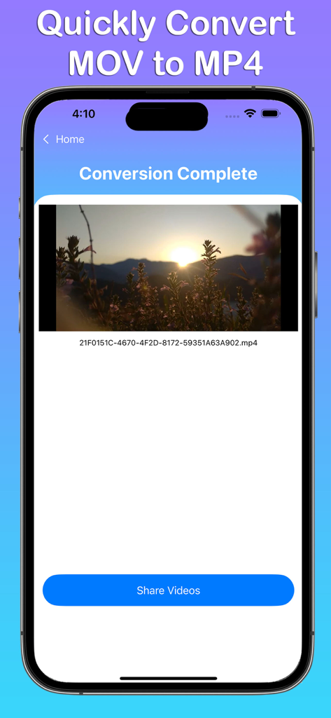 共有ボタン付きのMOVからMP4への動画変換が成功したことを示すiPhone画面