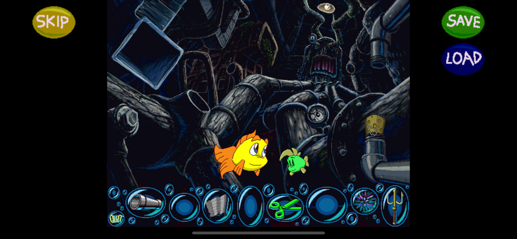 Freddi Fish 2: Haunted School - Freddi Fish y Luther explorando una escena de tubería submarina con elementos de inventario en el juego de aventura Haunted School