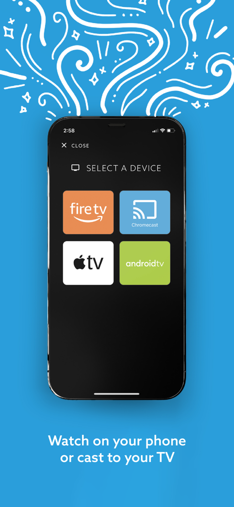 VidAngel - A smartphone screen from the VidAngel app showing options to cast content to Fire TV, Chromecast, Apple TV, or Android TV.