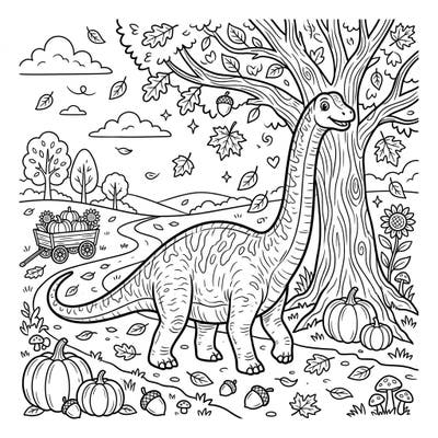 Embark on a prehistoric journey through a vibrant fall landscape with this delightful Diplodocus coloring page. Featuring falling leaves, cheerful pumpkins, and a friendly dinosaur, it's perfect for celebrating the autumn season.