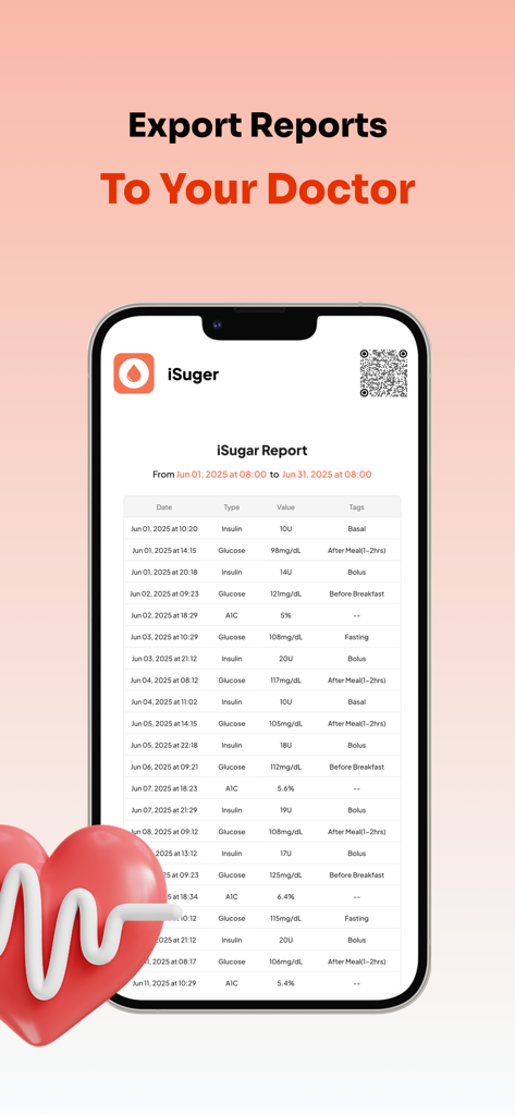 iSugar: Blood Glucose Monitor - Pantalla de smartphone que muestra un informe detallado de glucosa en sangre e insulina de la aplicación iSugar para exportación médica