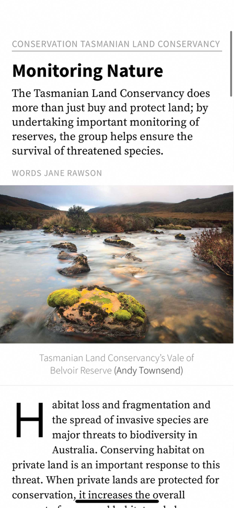 An article from Wild magazine titled Monitoring Nature with a high quality landscape photo of a river in Tasmania.