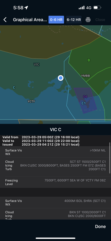 AvPlan EFB graphical weather forecast screen with map and visibility details