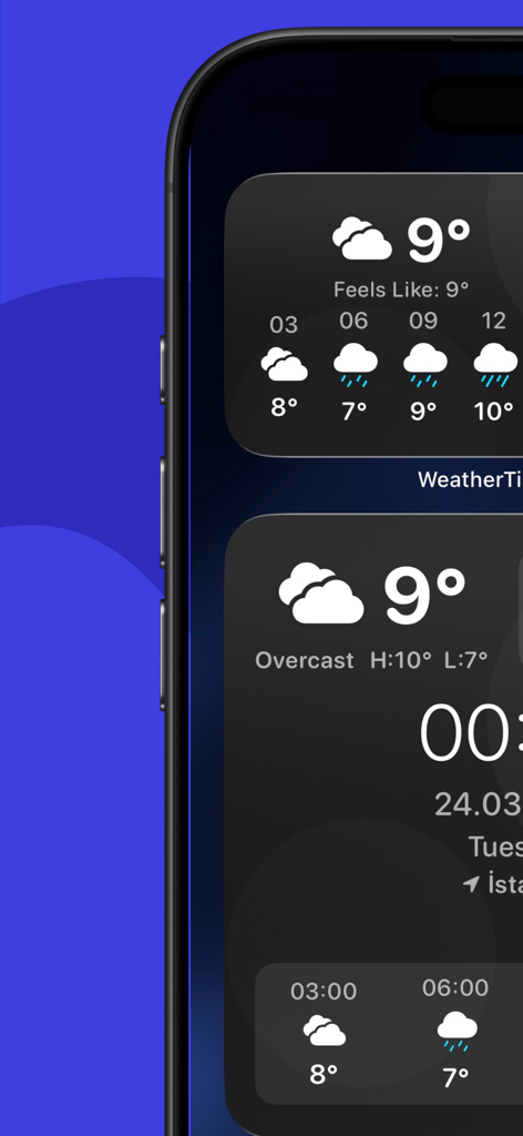 Weather Time Widget showing temperature and forecast in dark mode on an iPhone home screen