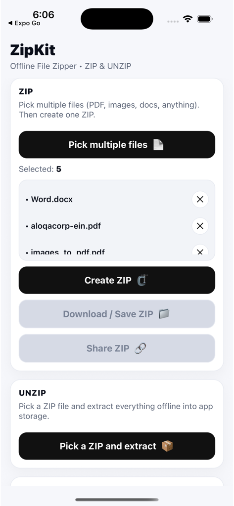 ZipKit: Offline File Zipper - ZipKit app interface showing options to select multiple documents for zipping and a button to pick a ZIP file for extraction.