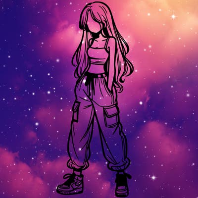 girl in baggy pants crop top and long hair