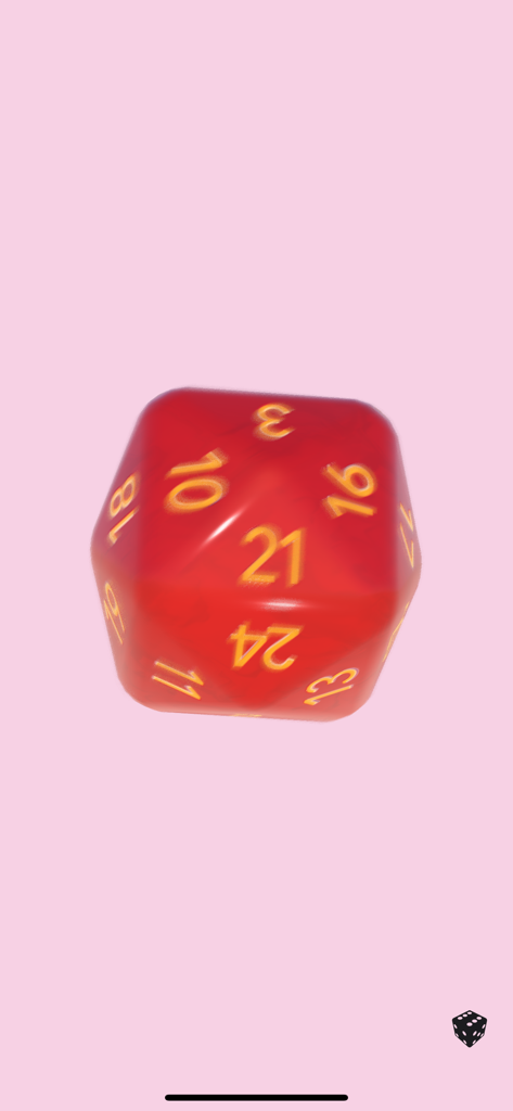 Um dado vermelho de vinte e quatro lados com números dourados no aplicativo Dice Dice Pro.