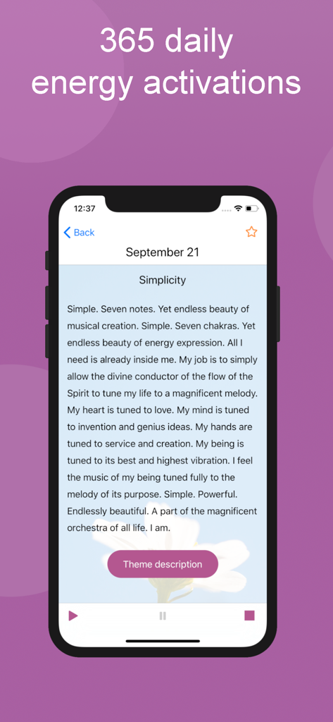 Master-mE - Pantalla de la aplicación Master-mE que muestra una activación de energía diaria para el crecimiento espiritual