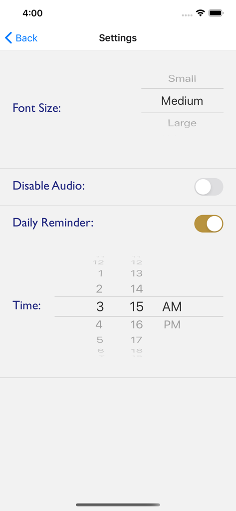 Japji for the Aquarian Age - Écran des paramètres de l'application Japji pour l'Âge du Verseau montrant la sélection de la taille de la police et le minuteur de rappel quotidien