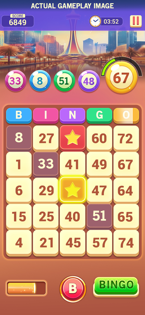 Interfaz de juego de bingo móvil mostrando una tarjeta marcada y números llamados contra un horizonte urbano