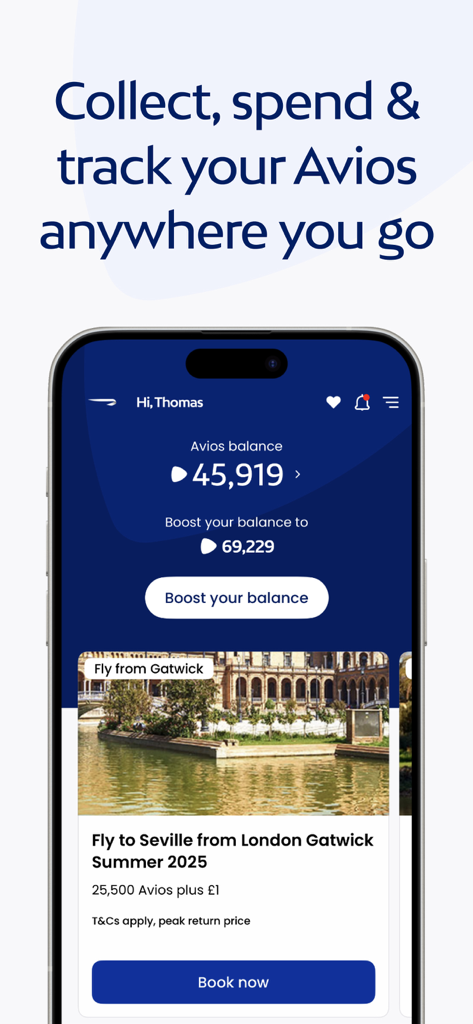 Avios: Shop, Collect & Travel - Aviosモバイルアプリのダッシュボードで、45919ポイントの特典残高とセビリアへの旅行オファーが表示されています