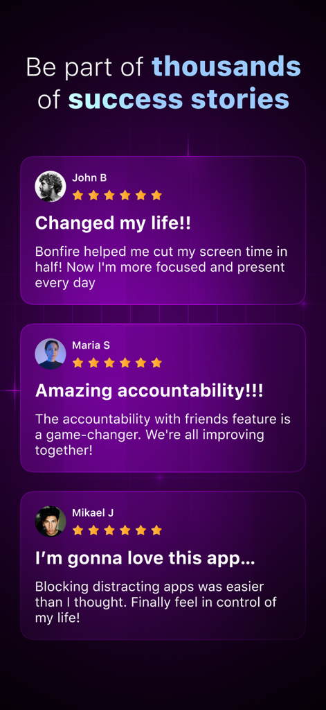 Bonfire: Screen Time Blocker - A collection of positive user reviews and success stories for the Bonfire screen time blocker app