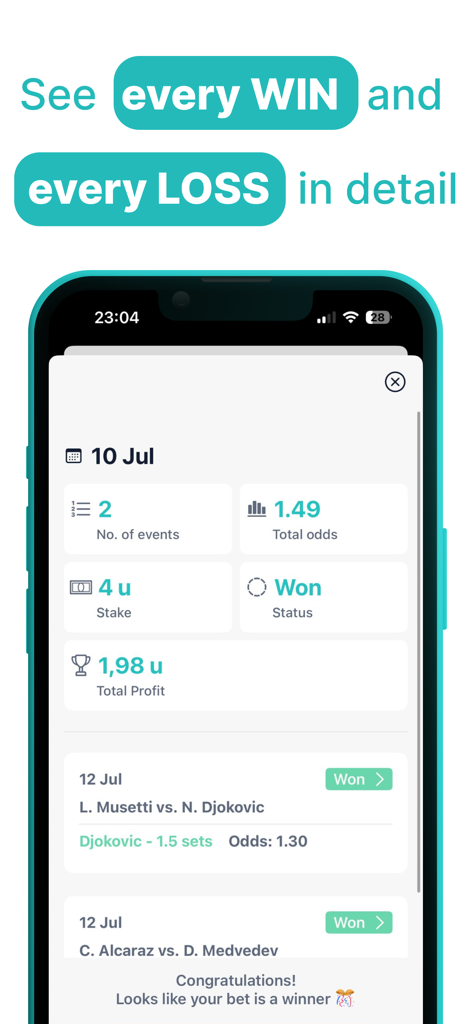 Interface showing detailed sports betting results with profit and stake information