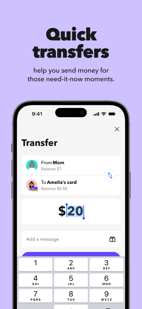 Acorns Early: Kids Money App - A mobile interface for the Acorns Early app showing a quick money transfer of twenty dollars from a parent to a child's card.