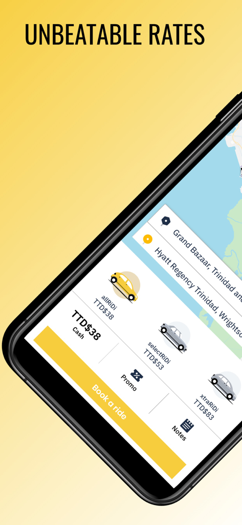 allRiDi - Interfaccia dell'app allRiDi che mostra le opzioni di prenotazione delle corse e i prezzi a Trinidad